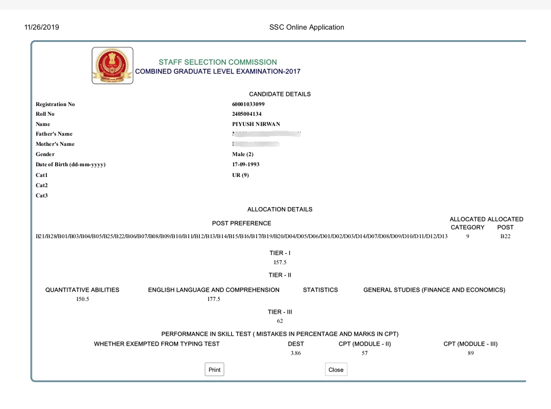 Piyush nirwan ssc cgl 2017 score card success story